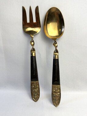 Siamese Vintage Brass & Wood Serving Fork Spoon Set Budha Motif Marked Thailand